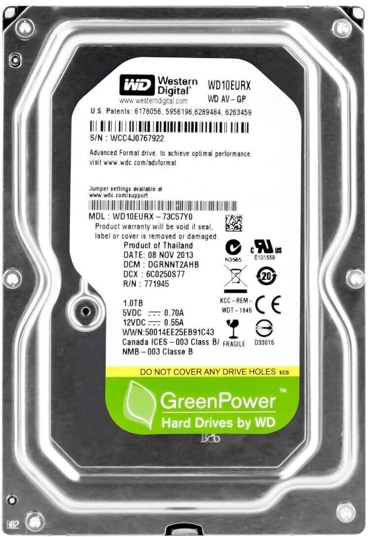 HARDE SCHIJF WD GREEN WD10EURX AV-GP 1TB 5400rpm 64MB CACHE SATA III 3,5'' inch