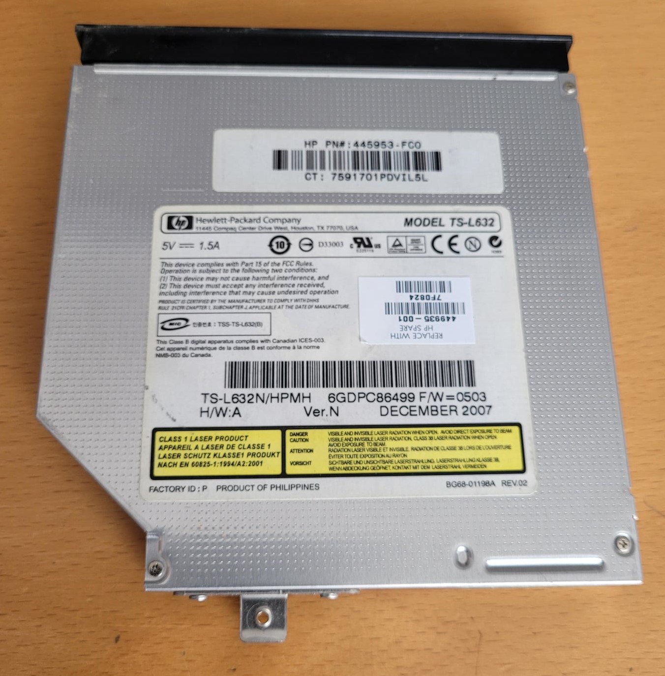 HP 445953-FC0 ( TS-L632 ) ( 449935-001 ) CD-ROM/DVD Zwart Notebook 8x DVD Schrijven 24x CD - Afbeelding 2