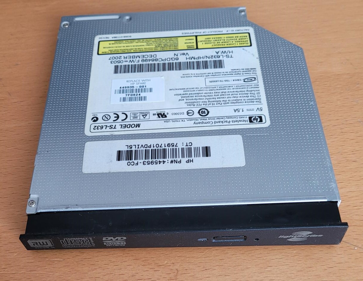 HP 445953-FC0 ( TS-L632 ) ( 449935-001 ) CD-ROM/DVD Zwart Notebook 8x DVD Schrijven 24x CD